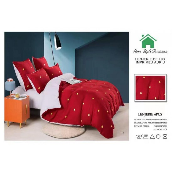 Lenjerie pat dublu, 6 piese, Bumbac Satinat Superior, Rosu-Auriu, inimi, LFS-015 Lenjerii bumbac satinat superior