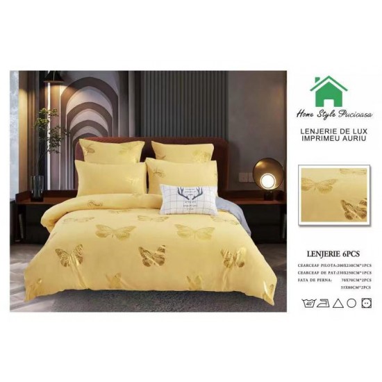 Lenjerie pat dublu, 6 piese, Bumbac Satinat Superior, Galben-Auriu, fluturi, LFS-017 Lenjerii bumbac satinat superior