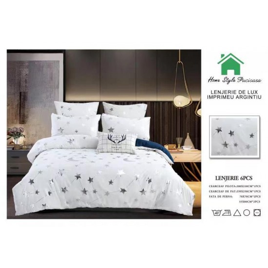 Lenjerie pat dublu, 6 piese, Bumbac Satinat Superior, Galben-Argintiu, stele, LFS-018 Lenjerii bumbac satinat superior