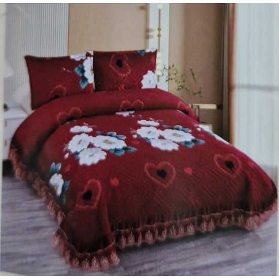 Cuvertura de Catifea cu Volanase, 3 Piese, pentru Pat Dublu, 2 Fete de Perna, Bordo-Alb, flori, CVM-015 Cuverturi catifea 3 piese cu model si volane