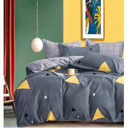 Lenjerie pat dublu, 4 piese, Bumbac Satinat Superior, Gri-Galben, romburi, OTM-032