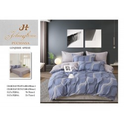 Set Lenjerie de Pat din Finet cu 2 Fete, 6 Piese, Pat 2 Persoane, Albastru-Gri, valuri, OLD-002