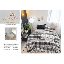Set Lenjerie de Pat din Finet cu 2 Fete, 6 Piese, Pat 2 Persoane, Crem-Negru, linii, OLD-012