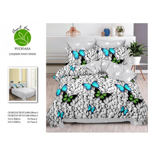 Set Lenjerie de Pat din Finet cu 2 Fete, 6 Piese, Pat 2 Persoane, Gri-Verde, fluturi, OLD-036 Oferta duo bumbac-finet