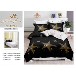 Set Lenjerie de Pat din Finet cu 2 Fete, 6 Piese, Pat 2 Persoane, Alb-Negru, stele, OLD-037