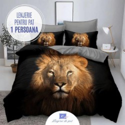 Lenjerie de Pat din Finet, 4 Piese, Pat 1 Persoana, Negru-Maro, leu,  LFS-095