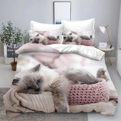 Lenjerie de Pat din Finet, 4 Piese, Pat 1 Persoana, Alb-Bej, pisica, LFS-031