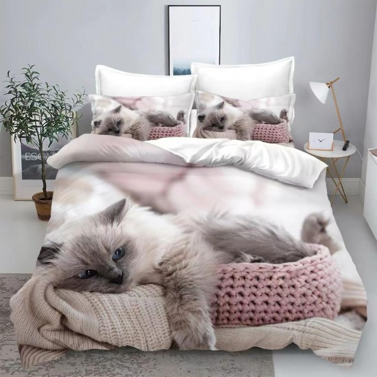 Lenjerie de Pat din Finet, 4 Piese, Pat 1 Persoana, Alb-Bej, pisica, LFS-031 Lenjerii Finet 1 persoana