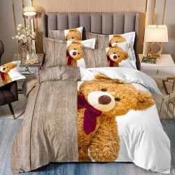 Lenjerie de Pat din Finet, 4 Piese, Pat 1 Persoana, Alb-Bej, ursulet,  LFS-033