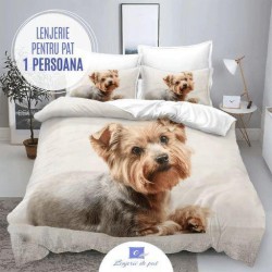 Lenjerie de Pat din Finet, 4 Piese, Pat 1 Persoana, Alb-Maro, catel, LFS-088