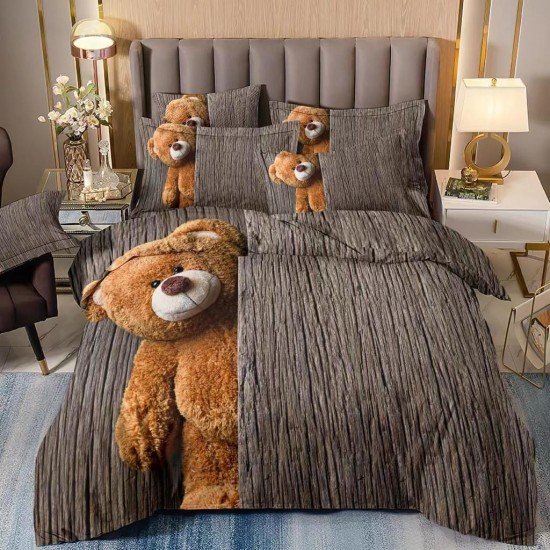 Lenjerie de Pat din Finet, 4 Piese, Pat 1 Persoana, Bej-Maro, ursulet, LFS-020 Lenjerii Finet 1 persoana