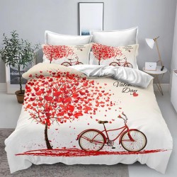 Lenjerie de Pat din Finet, 4 Piese, Pat 1 Persoana, Alb-Rosu, bicicleta,  LFS-097