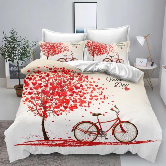 Lenjerie de Pat din Finet, 4 Piese, Pat 1 Persoana, Alb-Rosu, bicicleta,  LFS-097 Lenjerii Finet 1 persoana