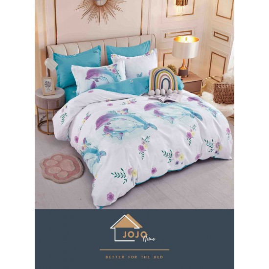 Lenjerie de Pat din Finet, 4 Piese, Pat 1 Persoana, Alb-Blue, flori, delfini, LFS-027 Lenjerii Finet 1 persoana