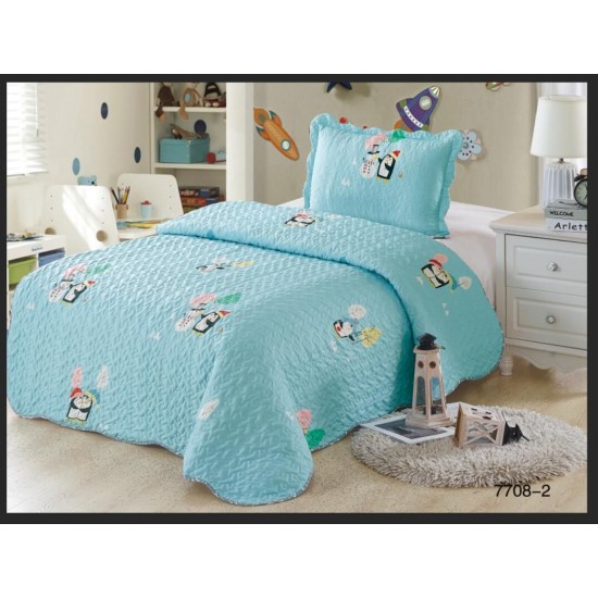 Cuvertura pat single, 2 piese, bumbac-finet, Blue-Multicolor, pinguin, CCP-005 Cuverturi copii