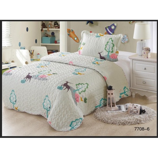 Cuvertura pat single, 2 piese, bumbac-finet, Gri-Multicolor, cerbi, CCP-006 Cuverturi copii