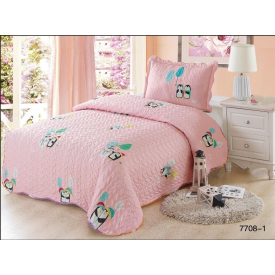 Cuvertura pat single, 2 piese, bumbac-finet, Roz-Multicolor, pinguin, CCP-008 Cuverturi copii