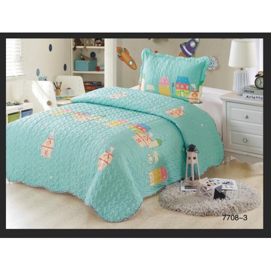 Cuvertura pat single, 2 piese, bumbac-finet, Verde-Multicolor, casuta, CCP-009 Cuverturi copii