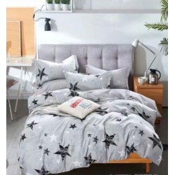 Set Lenjerie de Pat din Finet cu 2 Fete, 6 Piese, Pat 2 Persoane, Gri-Negru, stele, LDF-019