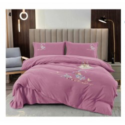 Lenjerie pat dublu, Catifea Deluxe, cu broderie, 4 piese, Roz pudra, LCB-001