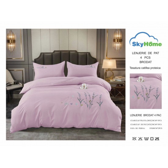 Lenjerie pat dublu, Catifea Deluxe, cu broderie, 4 piese, Lila, LCB-005 Lenjerii catifea cu broderie