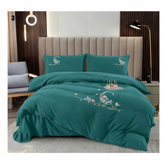 Lenjerie pat dublu, Catifea Deluxe, cu broderie, 4 piese, Verde inchis, LCB-009 Lenjerii catifea cu broderie