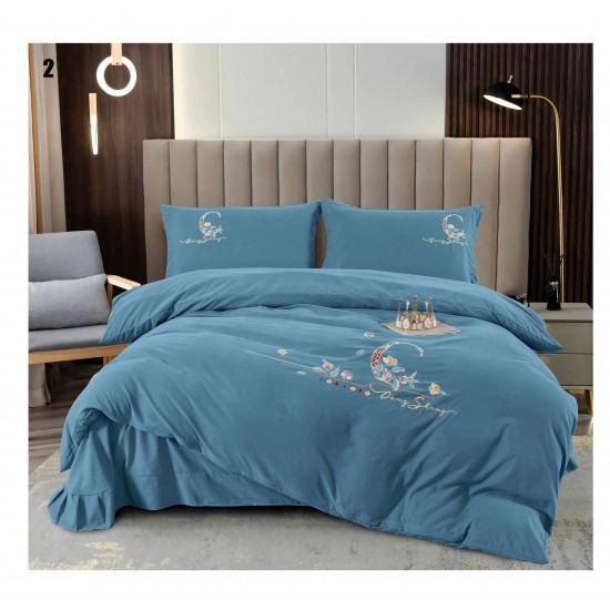 Lenjerie pat dublu, Catifea Deluxe, cu broderie, 4 piese, Albastru, LCB-012 Lenjerii catifea cu broderie