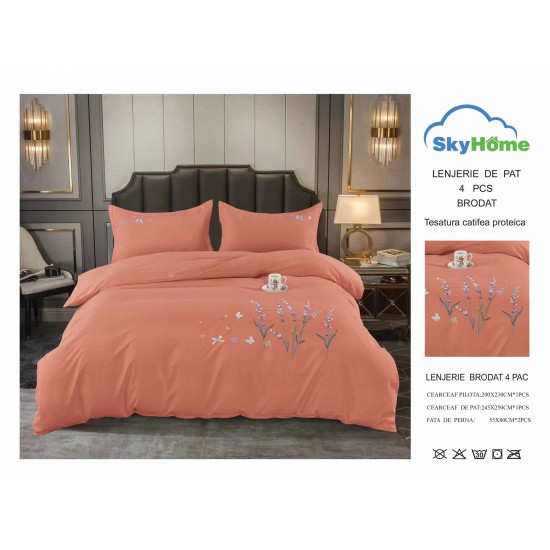Lenjerie pat dublu, Catifea Deluxe, cu broderie, 4 piese, Caramiziu, LCB-013 Lenjerii catifea cu broderie