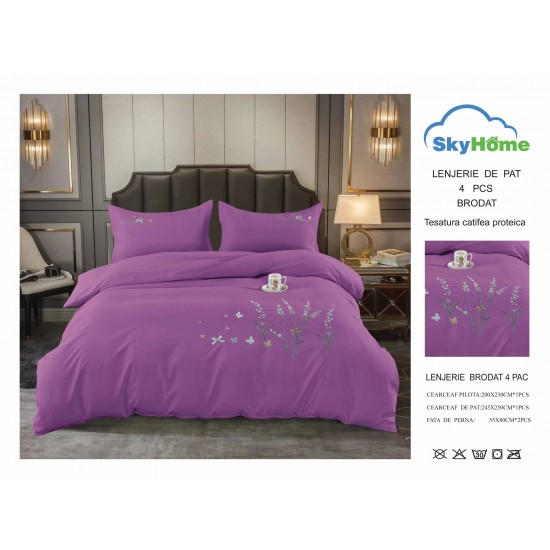 Lenjerie pat dublu, Catifea Deluxe, cu broderie, 4 piese, Mov, LCB-015 Lenjerii catifea cu broderie