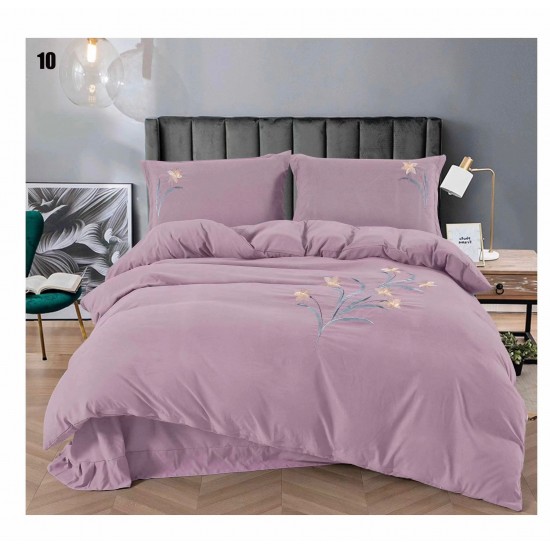 Lenjerie pat dublu, Catifea Deluxe, cu broderie, 4 piese, Lila, LCB-014 Lenjerii catifea cu broderie