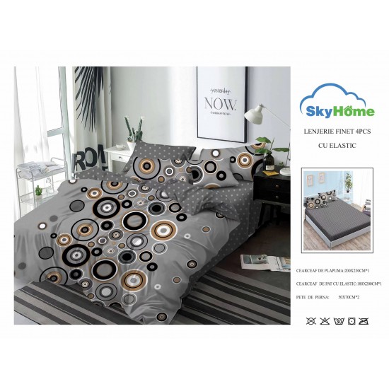 Lenjerie pat dublu, BUMBAC FINET, 4 piese, cu ELASTIC, Gri-Negru, cercuri, LDE-128 Lenjerii Finet 4 piese cu elastic