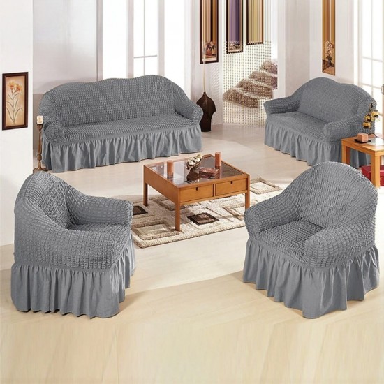 Set 4 Huse Creponate cu Volane, Pentru Canapea 3 Locuri, Canapea 2 Locuri si 2 Fotolii, Gri deschis, HCC-012 Huse Canapea 3 Locuri, 2 Locuri plus 2 Huse Fotoliu Creponat
