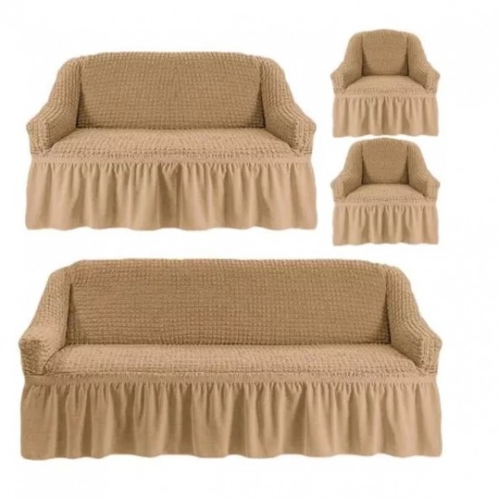 Set 4 Huse Creponate cu Volane, Pentru Canapea 3 Locuri, Canapea 2 Locuri si 2 Fotolii, Bej deschis, HCC-016 Huse Canapea 3 Locuri, 2 Locuri plus 2 Huse Fotoliu Creponat