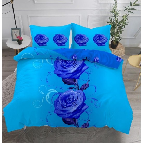 Lenjerie pat dublu, 4 piese, Bumbac Satinat Superior, Albastru-Blue, trandafiri, LDBS-049 3 lenjerii la 199 lei