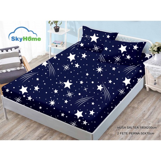 Husa pat cu elastic, Bumbac FINET, 140x200cm, 2 fete de perne 50x70cm, Albastru-Alb, stele, HDF-005 huse finet 140x200