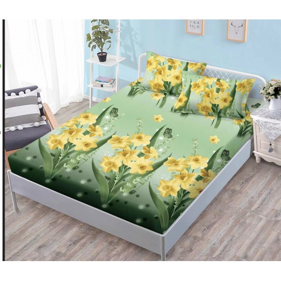 Husa pat cu elastic, Bumbac FINET, 140x200cm, 2 fete de perne 50x70cm, Verde-Galben, flori, HDF-014 huse finet 140x200