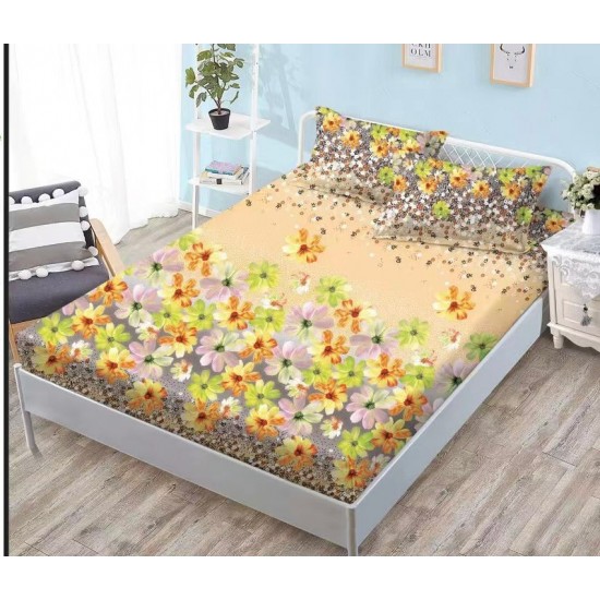 Husa pat cu elastic, Bumbac FINET, 140x200cm, 2 fete de perne 50x70cm, Crem-Multicolor, flori, HDF-108 huse finet 140x200