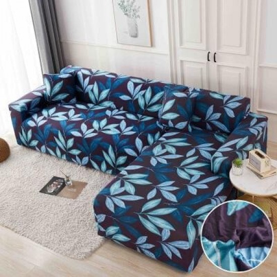 Husă elastică pentru colțar – protecție modernă și ajustare perfectă, Albastru, model frunze, HCM-008 Huse Coltar Canapea si Fotolii