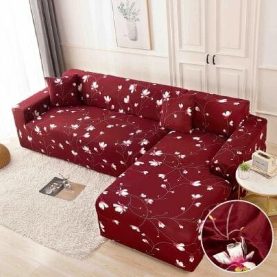 Husă elastică pentru colțar – protecție modernă și ajustare perfectă, Bordo, model flori, HCM-014 Huse Coltar Canapea si Fotolii