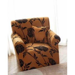 Husa Elastica pentru Fotoliu + Fata de Perna, Maro-Negru, flori, HCM-035