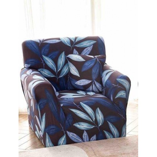 Husa Elastica pentru Fotoliu + Fata de Perna, Blue-Albastru, frunze, HCM-039 Huse Coltar Canapea si Fotolii