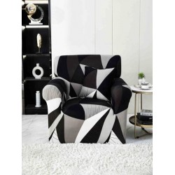 Husa Elastica pentru Fotoliu + Fata de Perna, Negru-Alb, forme geometrice, HCM-054