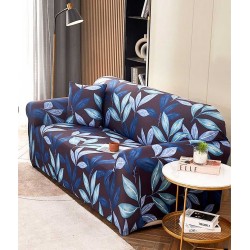 Husă elastică canapea 3 locuri – material premium, protecție și reîmprospătare rapidă, Albastru, model frunze, HCM-058