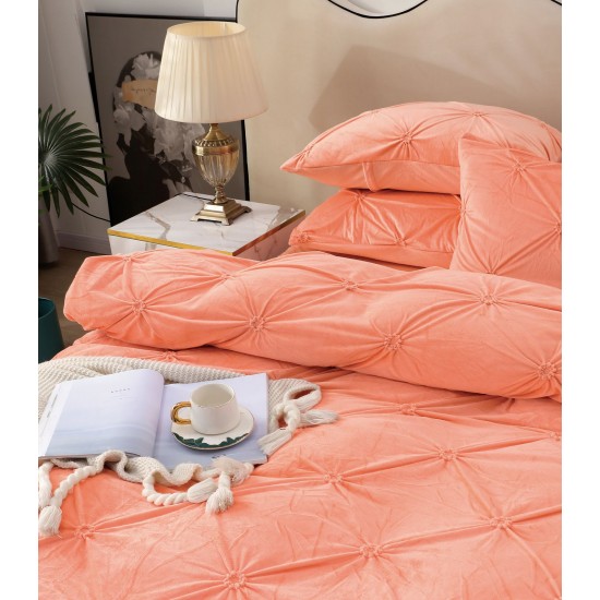 Set Lenjerie de Pat din Catifea, Cu ELASTIC, 4 Piese, Pat 2 Persoane, Piersica, LCI-045 Lenjerii Catifea 4 piese