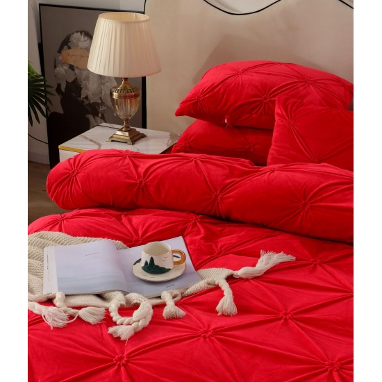 Set Lenjerie de Pat din Catifea, Cu ELASTIC, 4 Piese, Pat 2 Persoane, Rosu, LCI-063 Lenjerii Catifea 4 piese