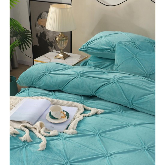 Set Lenjerie de Pat din Catifea, Cu ELASTIC, 4 Piese, Pat 2 Persoane, Turquoise, LCI-067 Lenjerii Catifea 4 piese