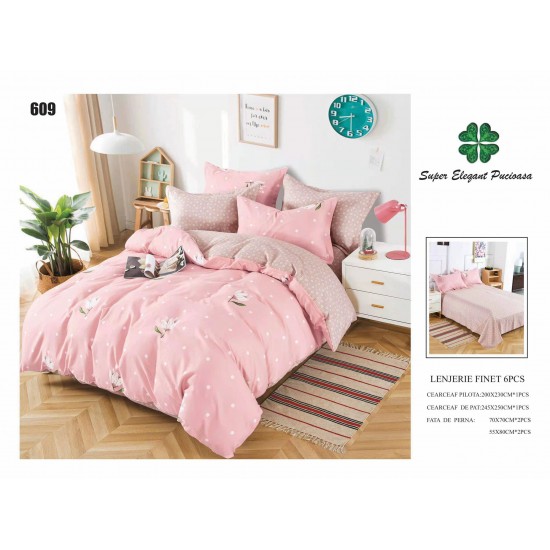 Set Lenjerie de Pat din Finet cu 2 Fete, 6 Piese, Pat 2 Persoane, Roz-Alb, flori, LDF-038 Lenjerii Finet 6 piese