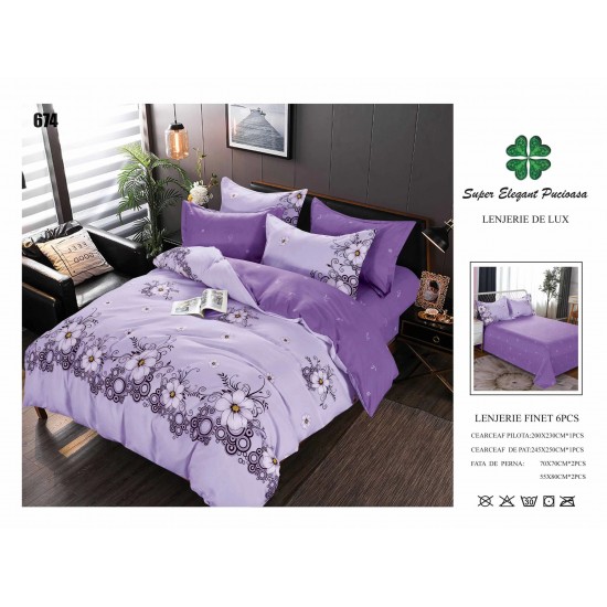 Set Lenjerie de Pat din Finet cu 2 Fete, 6 Piese, Pat 2 Persoane, Lila-Mov, flori, LDF-053 Lenjerii Finet 6 piese
