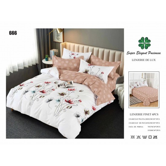Set Lenjerie de Pat din Finet cu 2 Fete, 6 Piese, Pat 2 Persoane, Alb-Bej, flori, LDF-059 Lenjerii Finet 6 piese