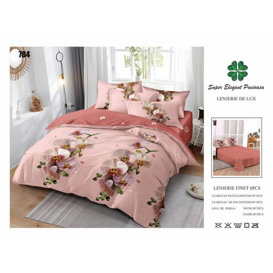 Set Lenjerie de Pat din Finet cu 2 Fete, 6 Piese, Pat 2 Persoane, Maro-Bej, flori, LDF-062 Lenjerii Finet 6 piese